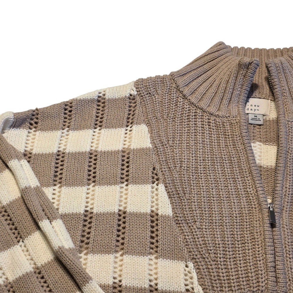 A New Day Quarter Zip Sweater Women Medium Tan Cream Excellent Striped Pointelle - Picture 2 of 10